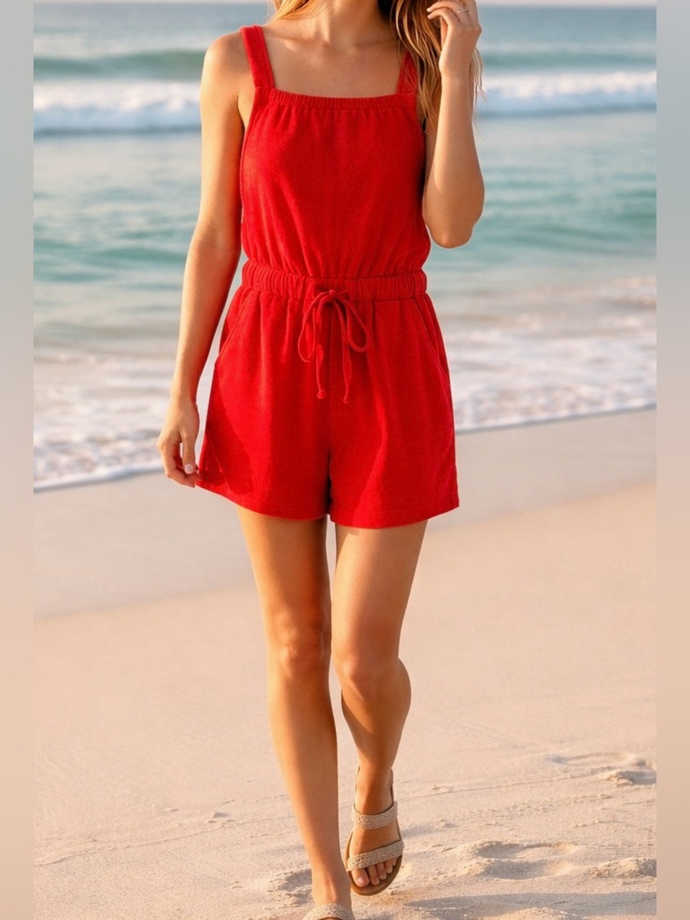 NWOT Easel True Red Terry Short Romper with Adjustable Straps Small